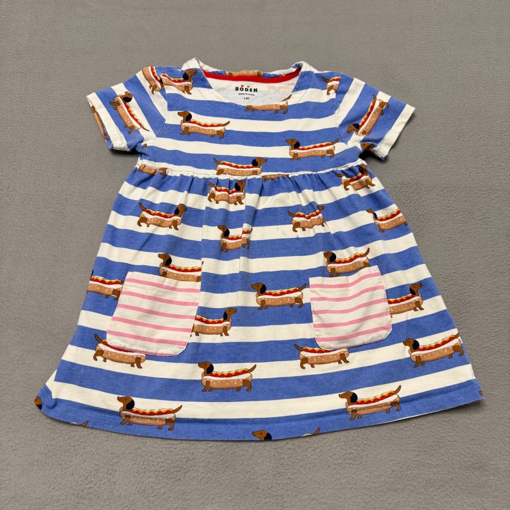 Mini Boden Tunic Top Girls 7-8Y Blue Stripe Dachshund Hot Dog Short Sleeve *